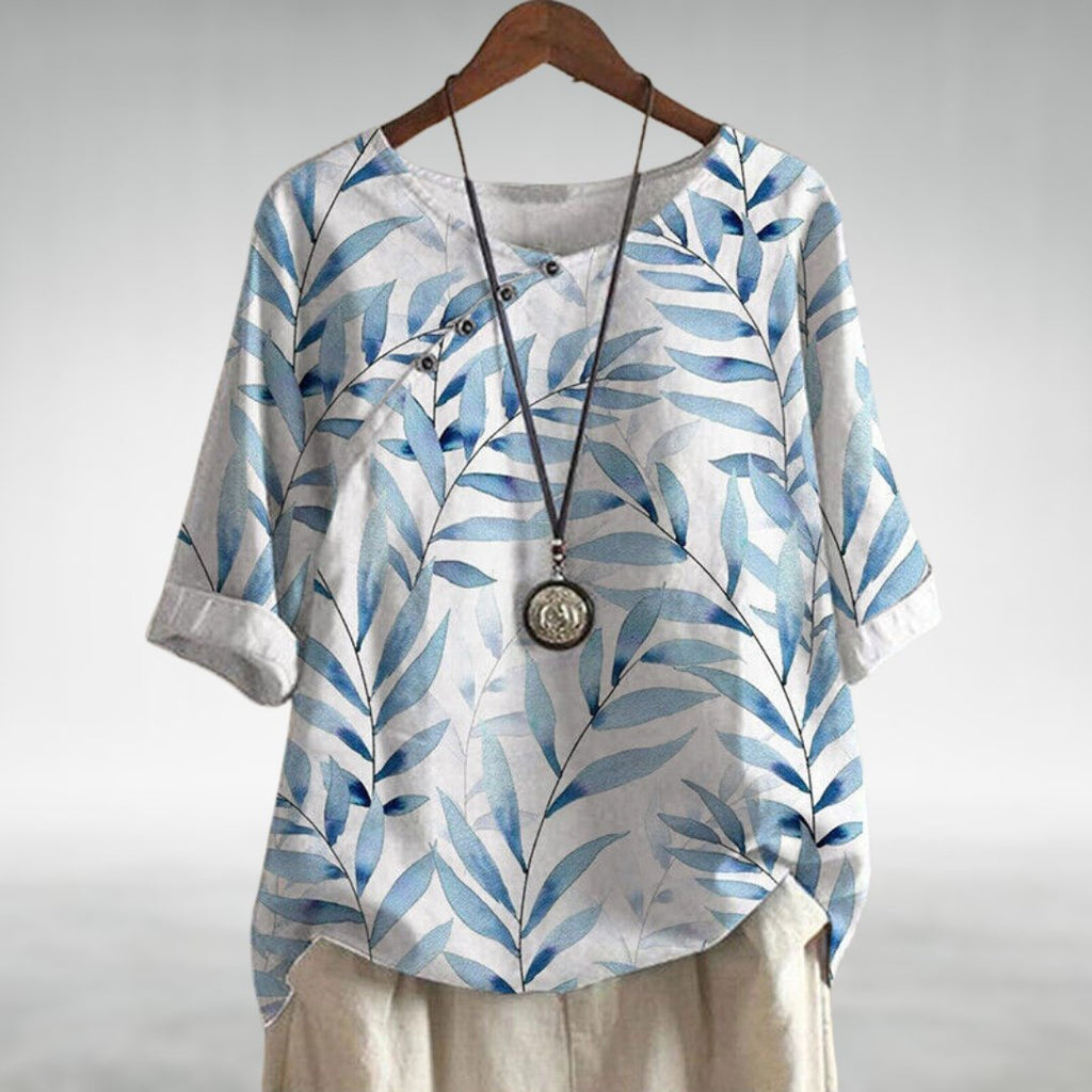 Women's Relaxed-Fit Watercolor Leaf Print Linen Top - White