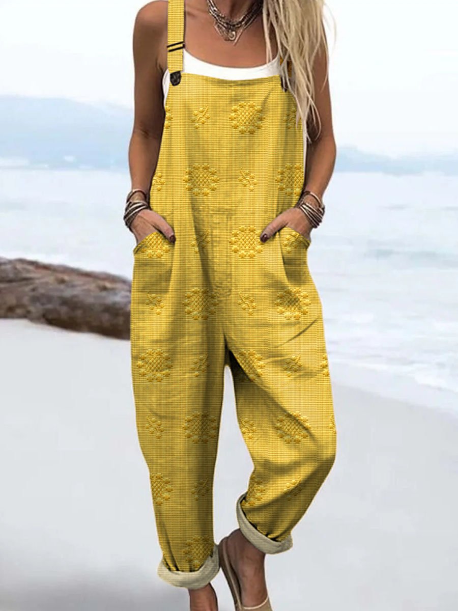 Women's Relaxed-Fit Wide-Leg Pattern Jumpsuit - Yellow