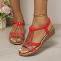 Women's Rhinestone T-Strap Wedge Orthopedic Sandals - Red