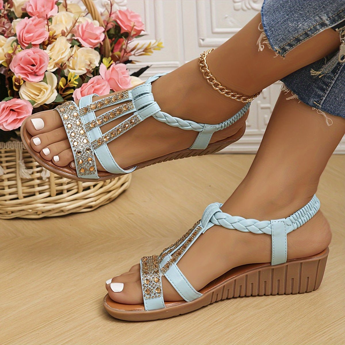 Women's Rhinestone T-Strap Wedge Orthopedic Sandals - Light Blue