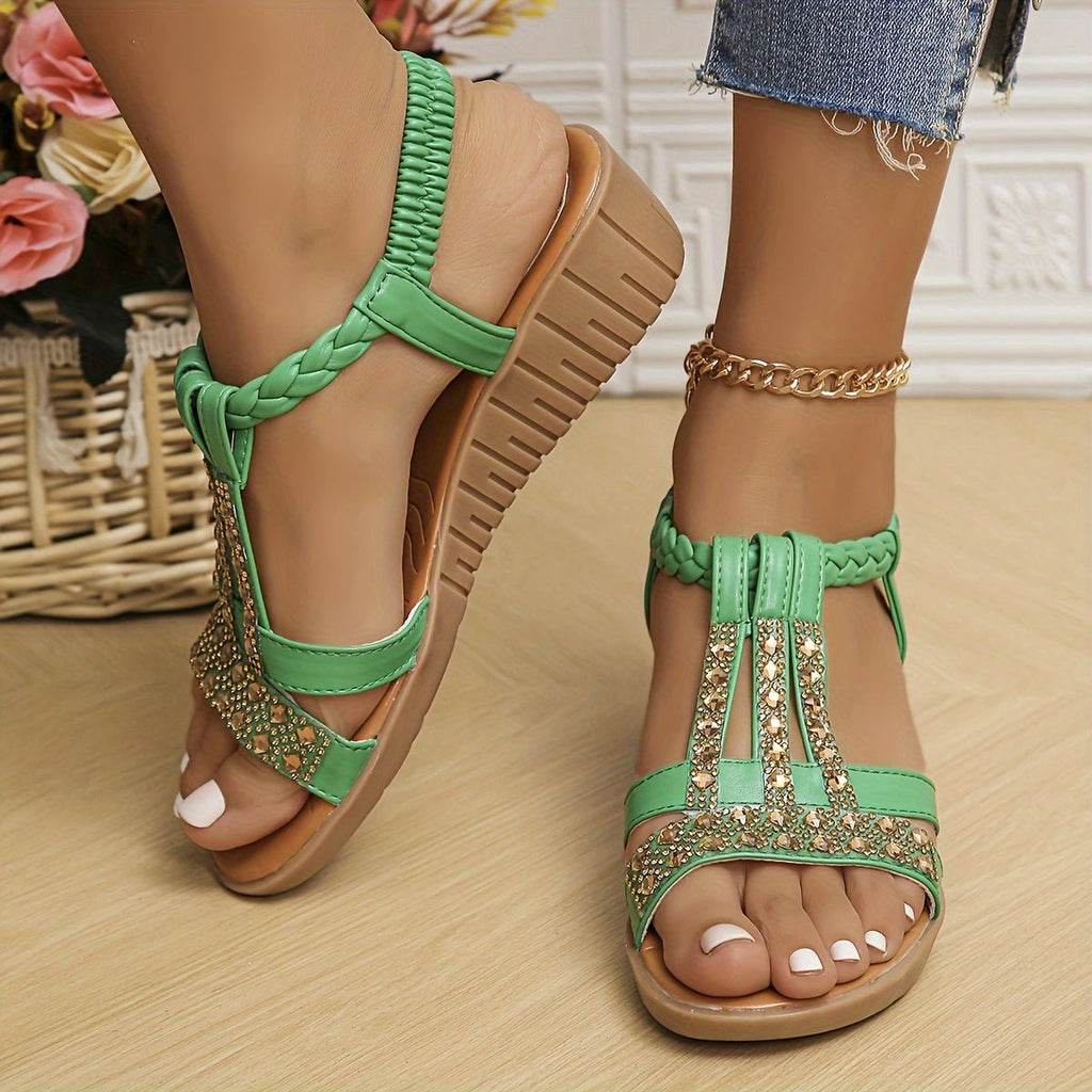 Women's Rhinestone T-Strap Wedge Orthopedic Sandals