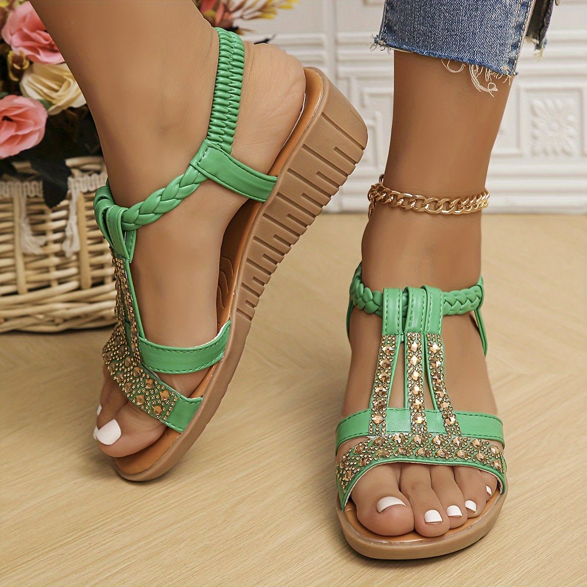 Women's Rhinestone T-Strap Wedge Orthopedic Sandals