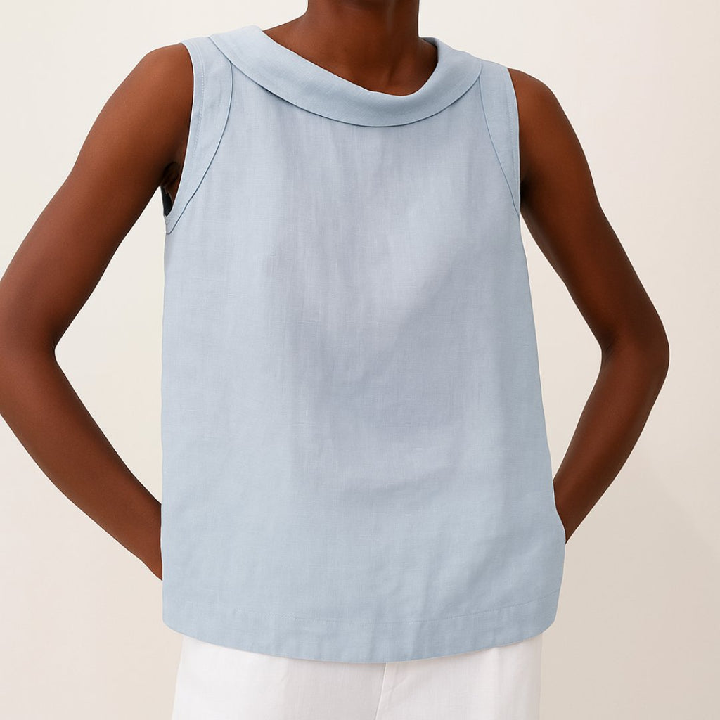 Women's Roll Neck Sleeveless Linen Blouse - Blue