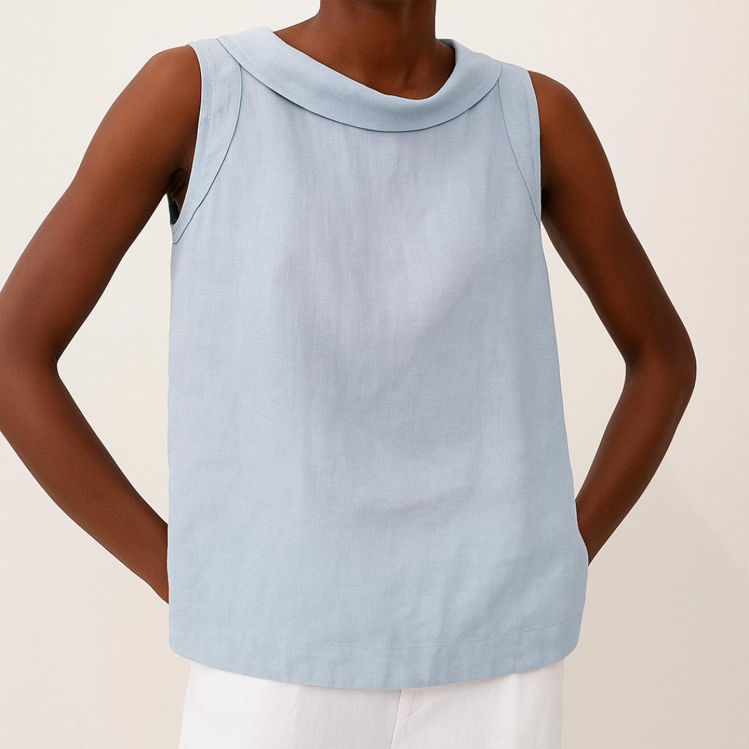 Women's Roll Neck Sleeveless Linen Blouse - Blue