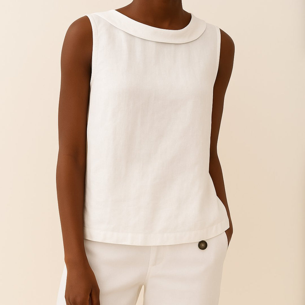 Women's Roll Neck Sleeveless Linen Blouse - White
