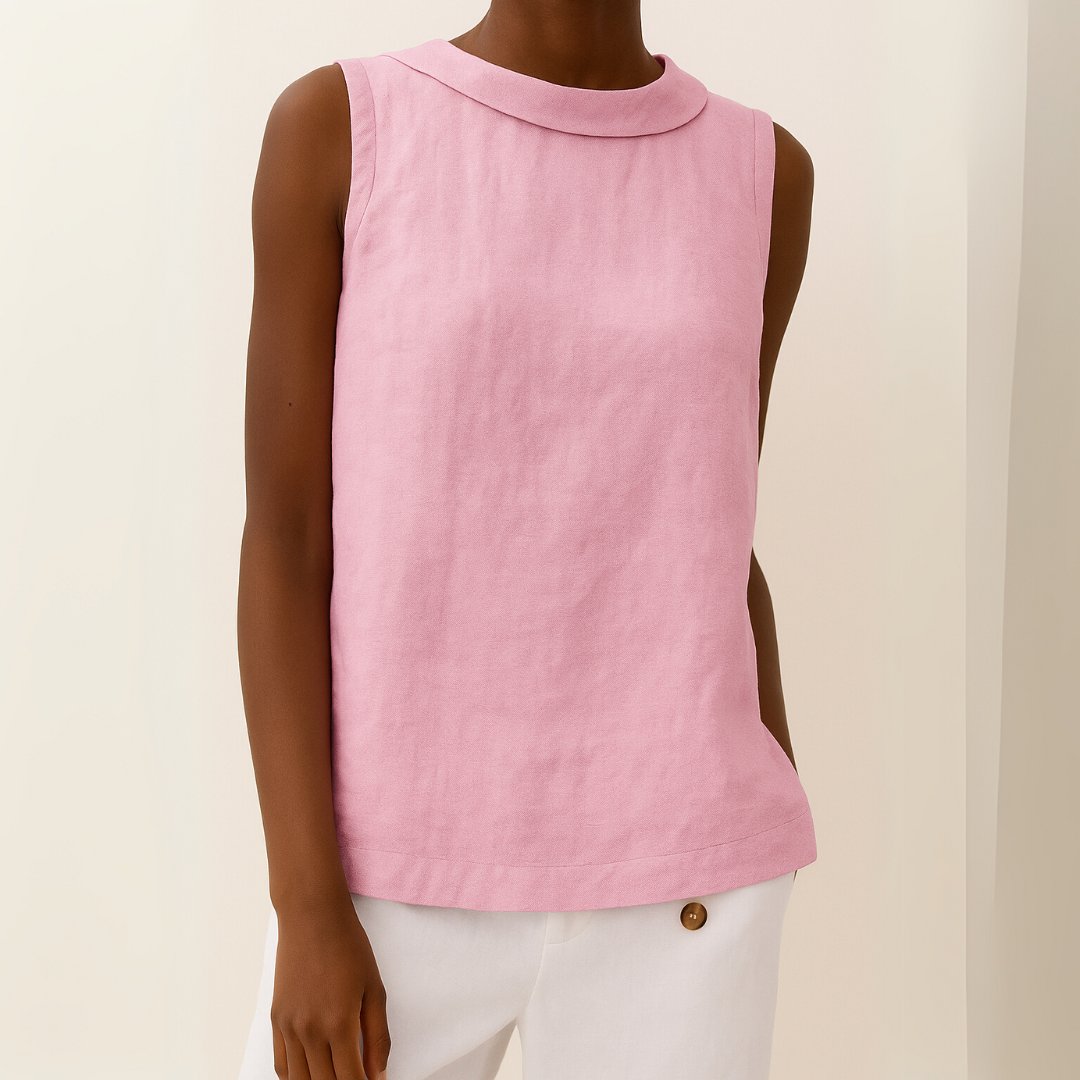 Women's Roll Neck Sleeveless Linen Blouse - Pink