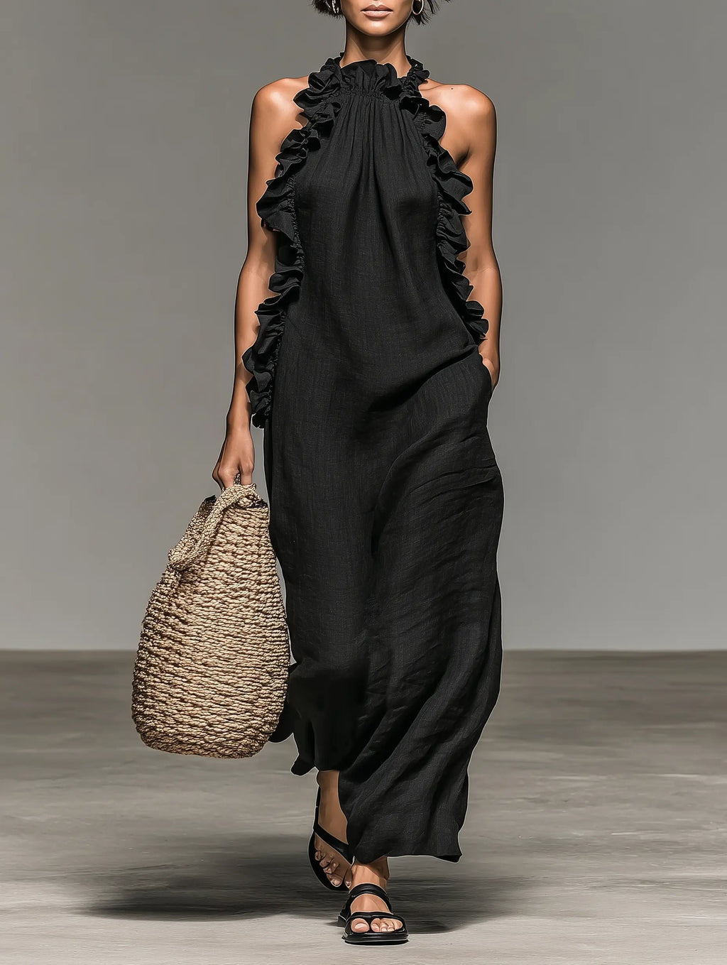 Women's Ruffle-Detail Sleeveless Linen Maxi Dress - Black