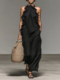 Women's Ruffle-Detail Sleeveless Linen Maxi Dress - Black