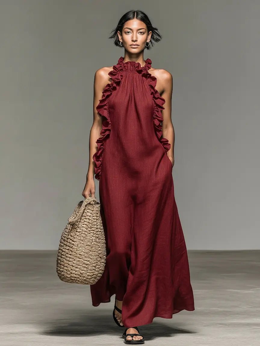 Women's Ruffle-Detail Sleeveless Linen Maxi Dress - Red