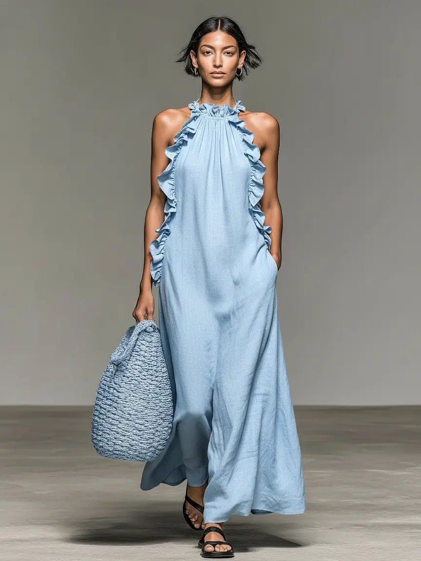 Women's Ruffle-Detail Sleeveless Linen Maxi Dress - Light Blue