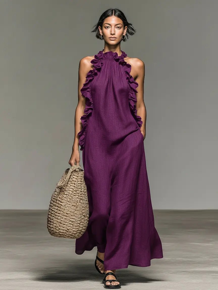 Women's Ruffle-Detail Sleeveless Linen Maxi Dress - Purple