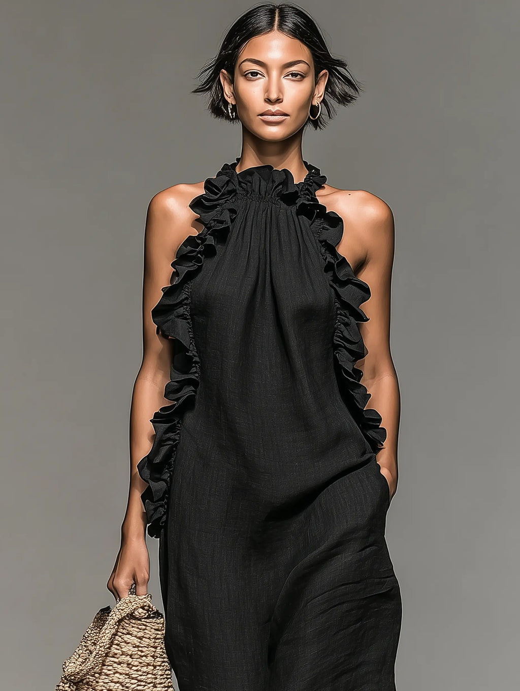 Women's Ruffle-Detail Sleeveless Linen Maxi Dress