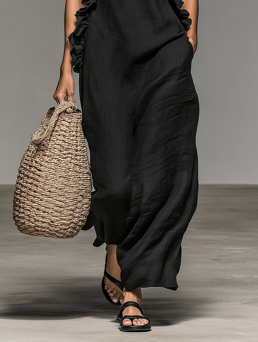 Women's Ruffle-Detail Sleeveless Linen Maxi Dress