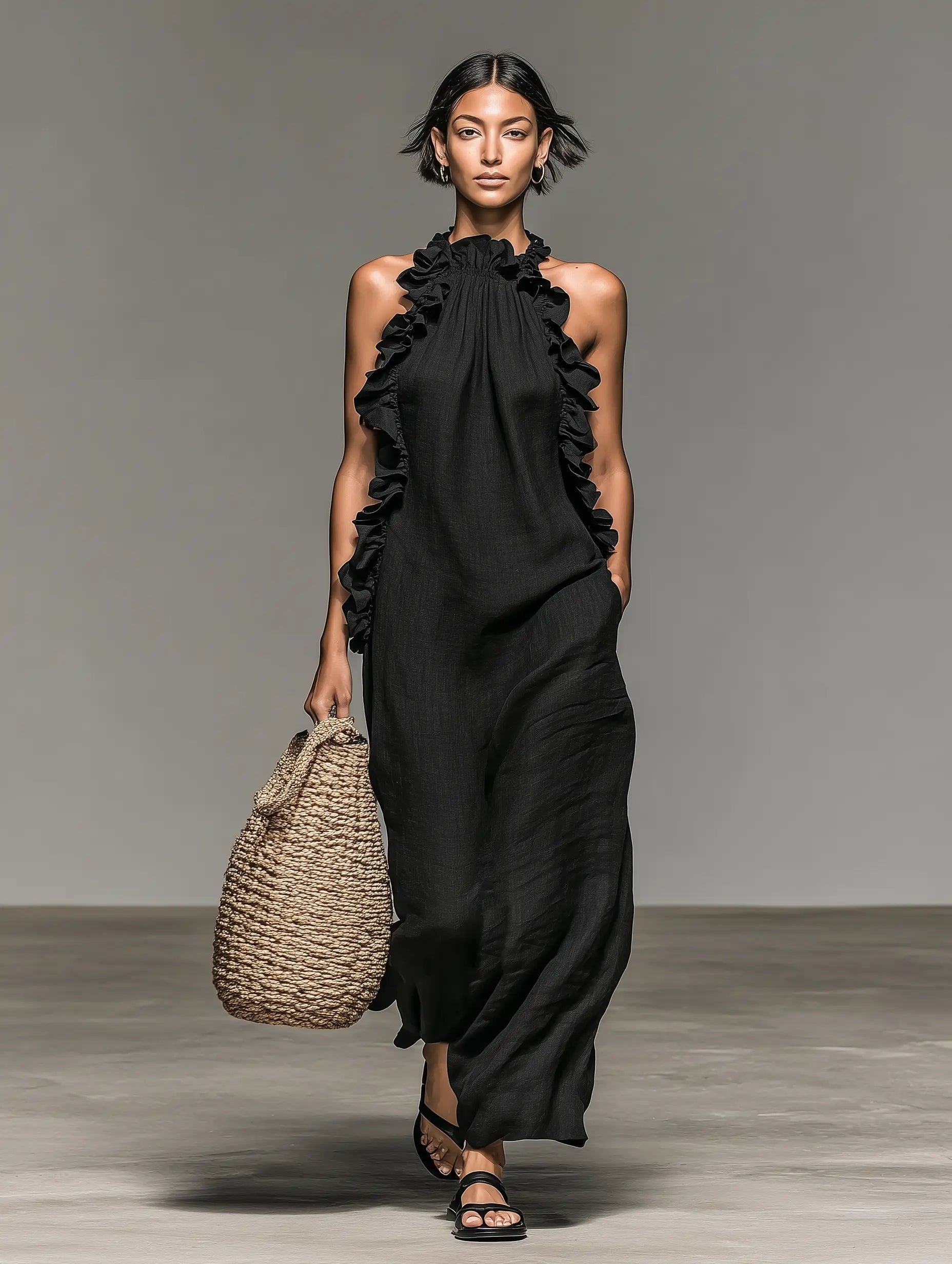 Women's Ruffle-Detail Sleeveless Linen Maxi Dress