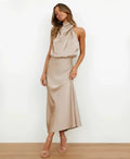 Women's Satin Halter Midi Dress - Abrikoos