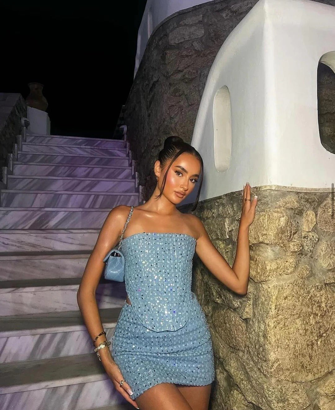 Women's Sequined Denim Strapless Two-Piece Set