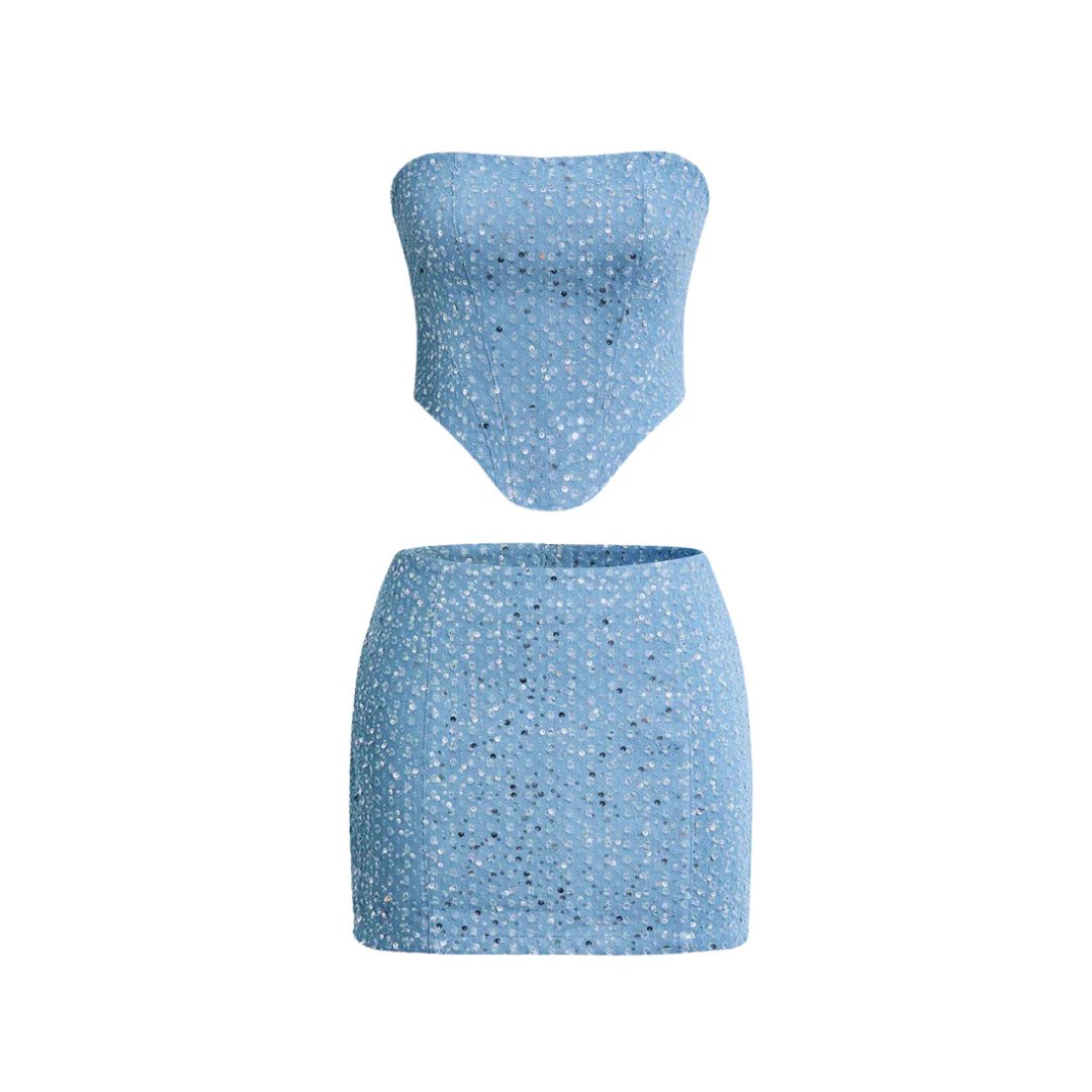 Women's Sequined Denim Strapless Two-Piece Set