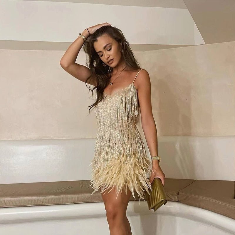 Women's Sequined Fringe Spaghetti-Strap Mini Cocktail Dress - Beige