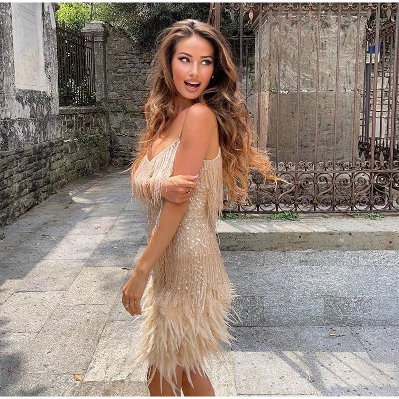 Women's Sequined Fringe Spaghetti-Strap Mini Cocktail Dress