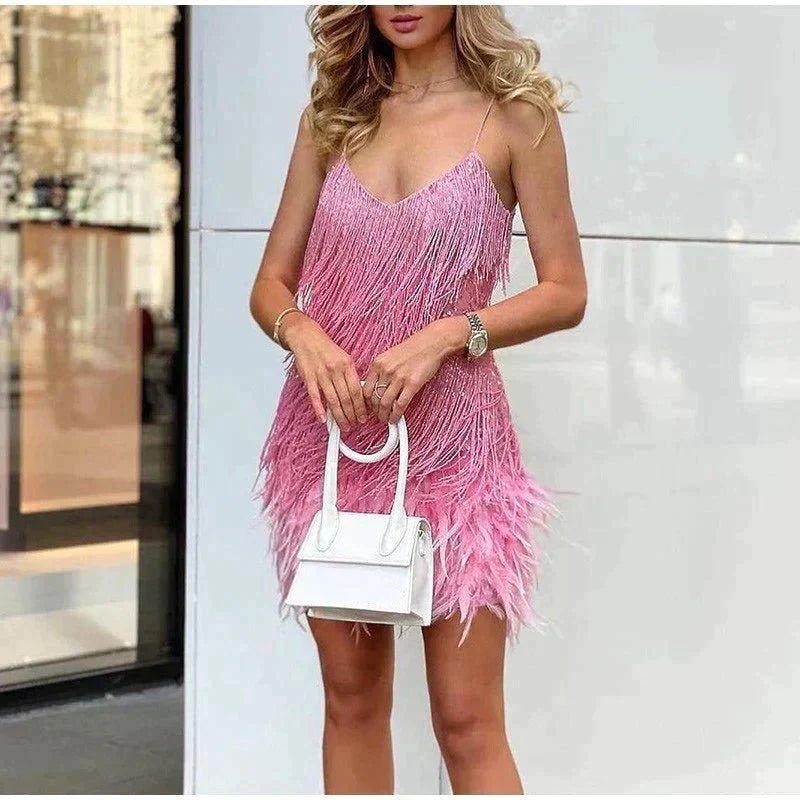 Women's Sequined Fringe Spaghetti-Strap Mini Cocktail Dress - Pink