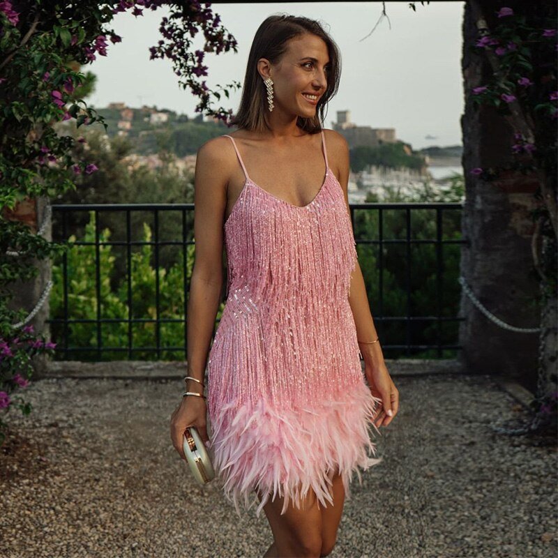 Women's Sequined Fringe Spaghetti-Strap Mini Cocktail Dress