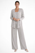Women's Sequined Wide-Leg Three-Piece Pants Set - Silver