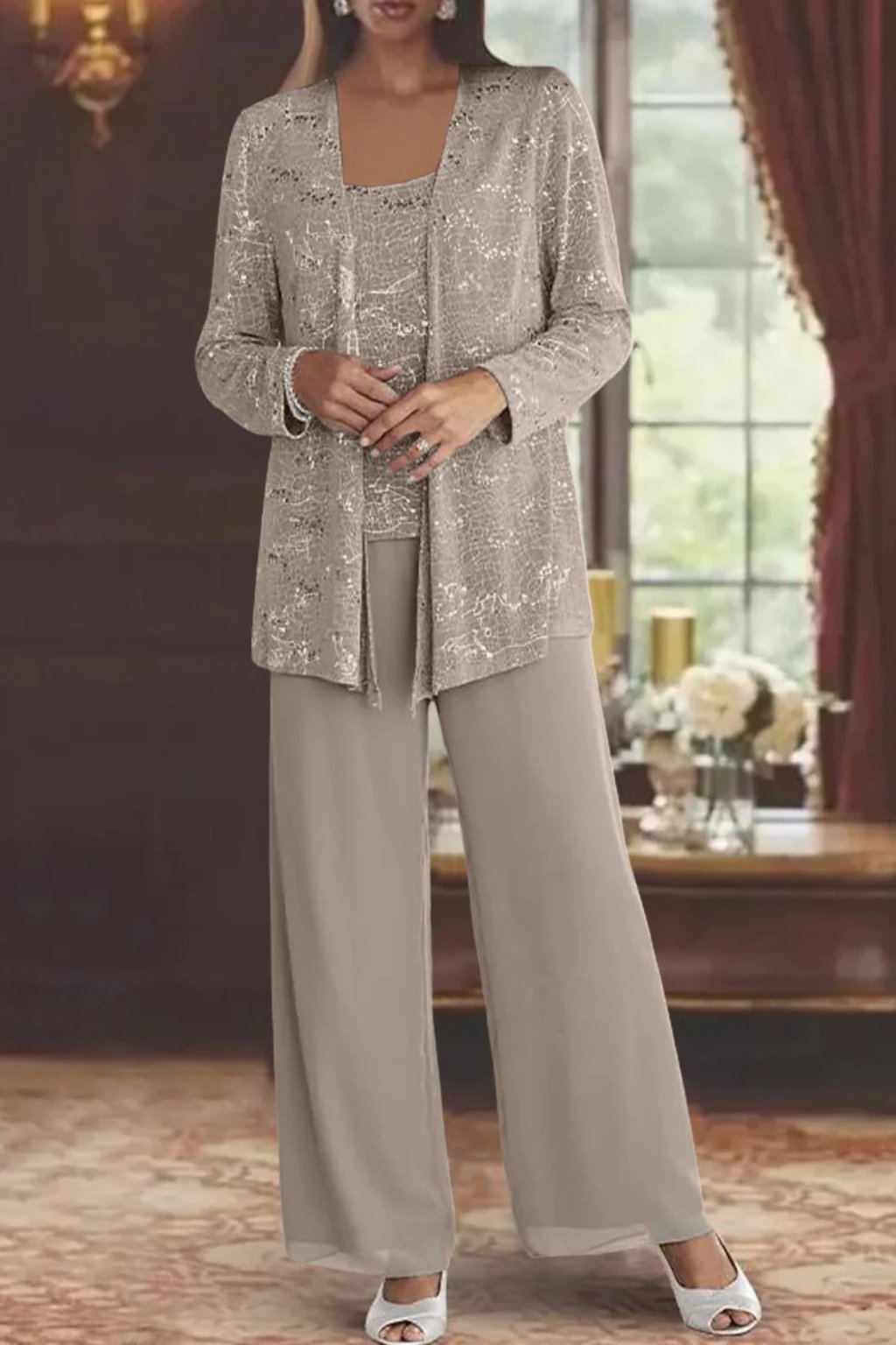 Women's Sequined Wide-Leg Three-Piece Pants Set