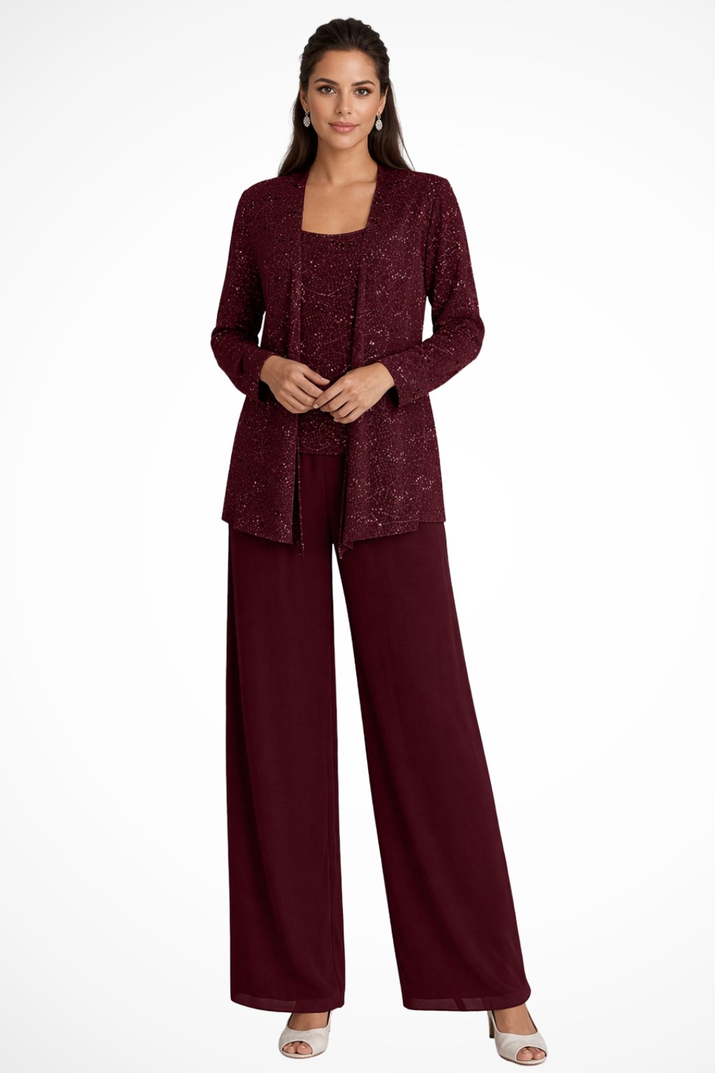 Women's Sequined Wide-Leg Three-Piece Pants Set - Burgundy