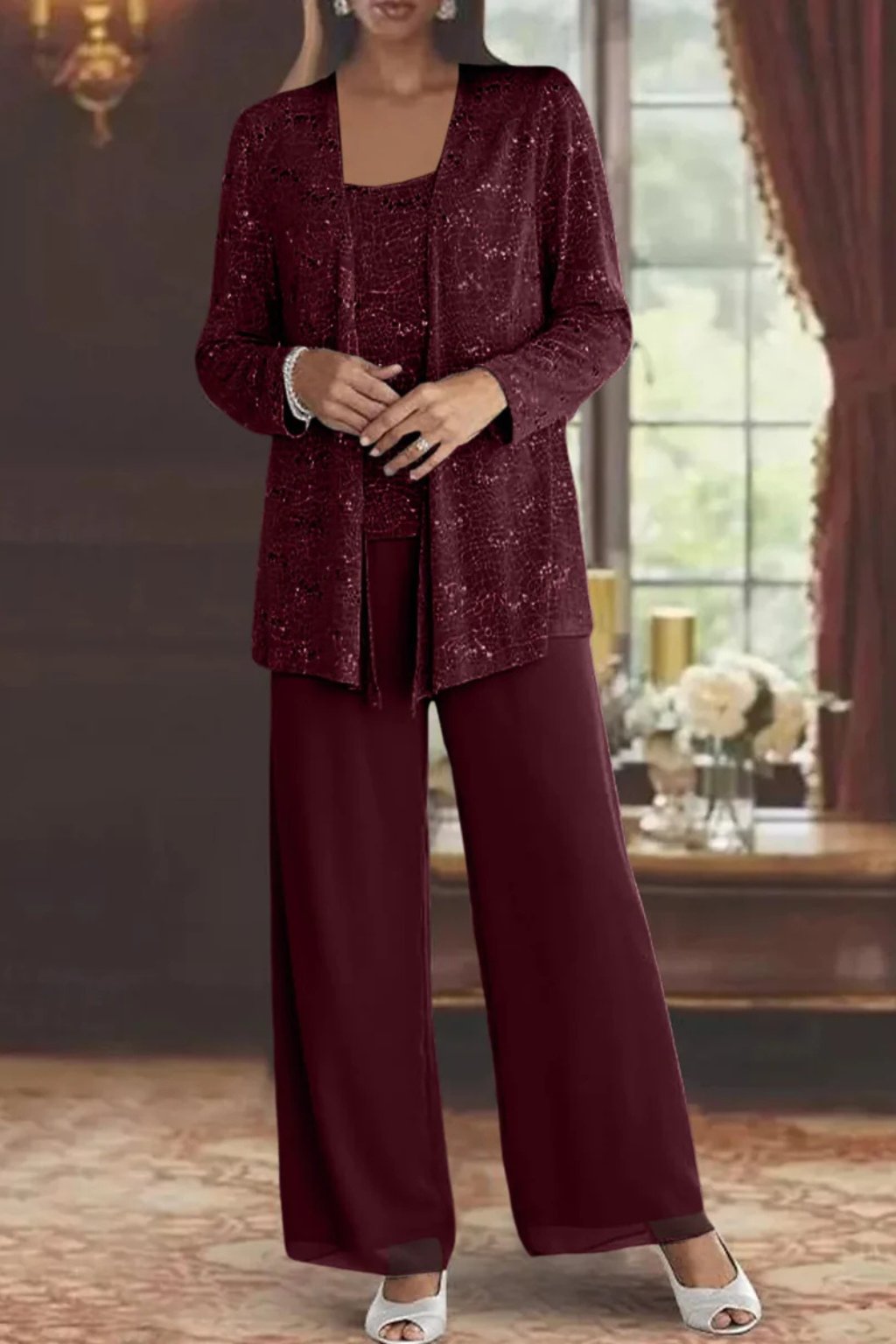 Women's Sequined Wide-Leg Three-Piece Pants Set