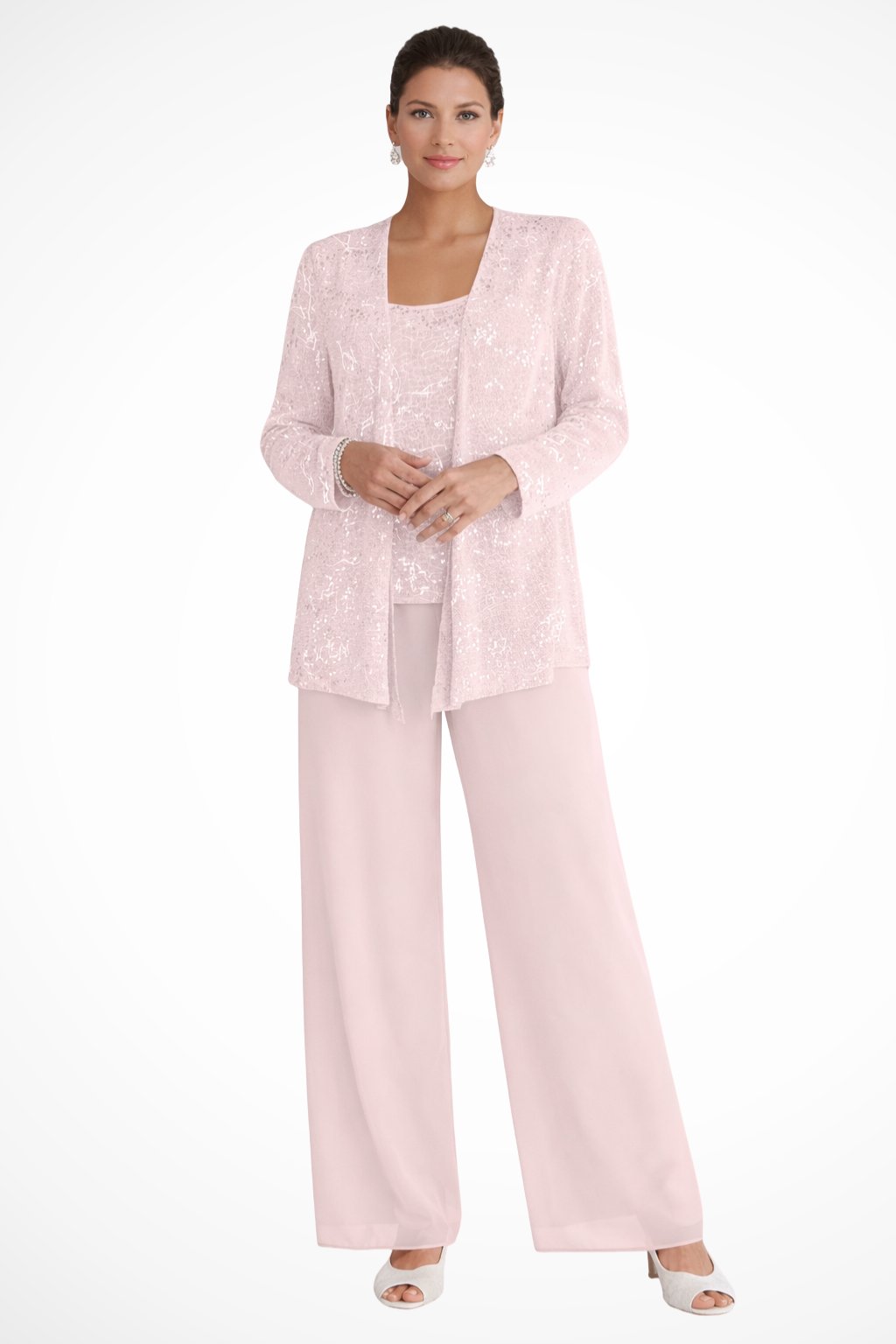 Women's Sequined Wide-Leg Three-Piece Pants Set - Light Pink