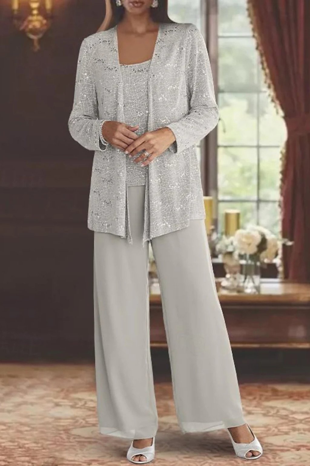 Women's Sequined Wide-Leg Three-Piece Pants Set