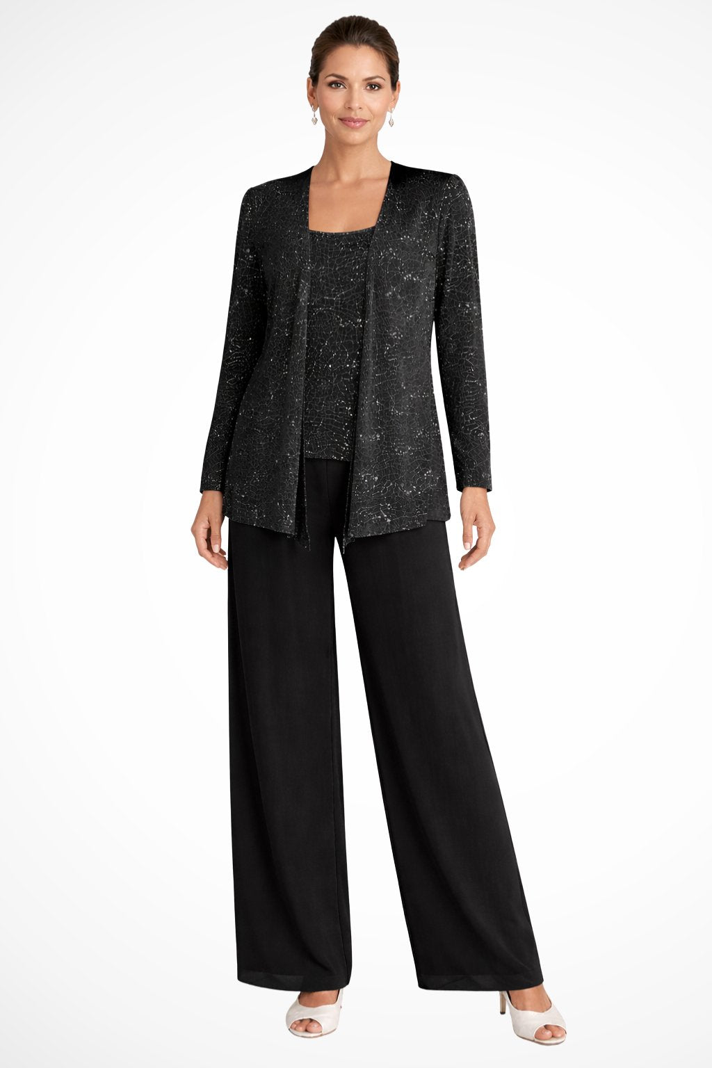 Women's Sequined Wide-Leg Three-Piece Pants Set - Black