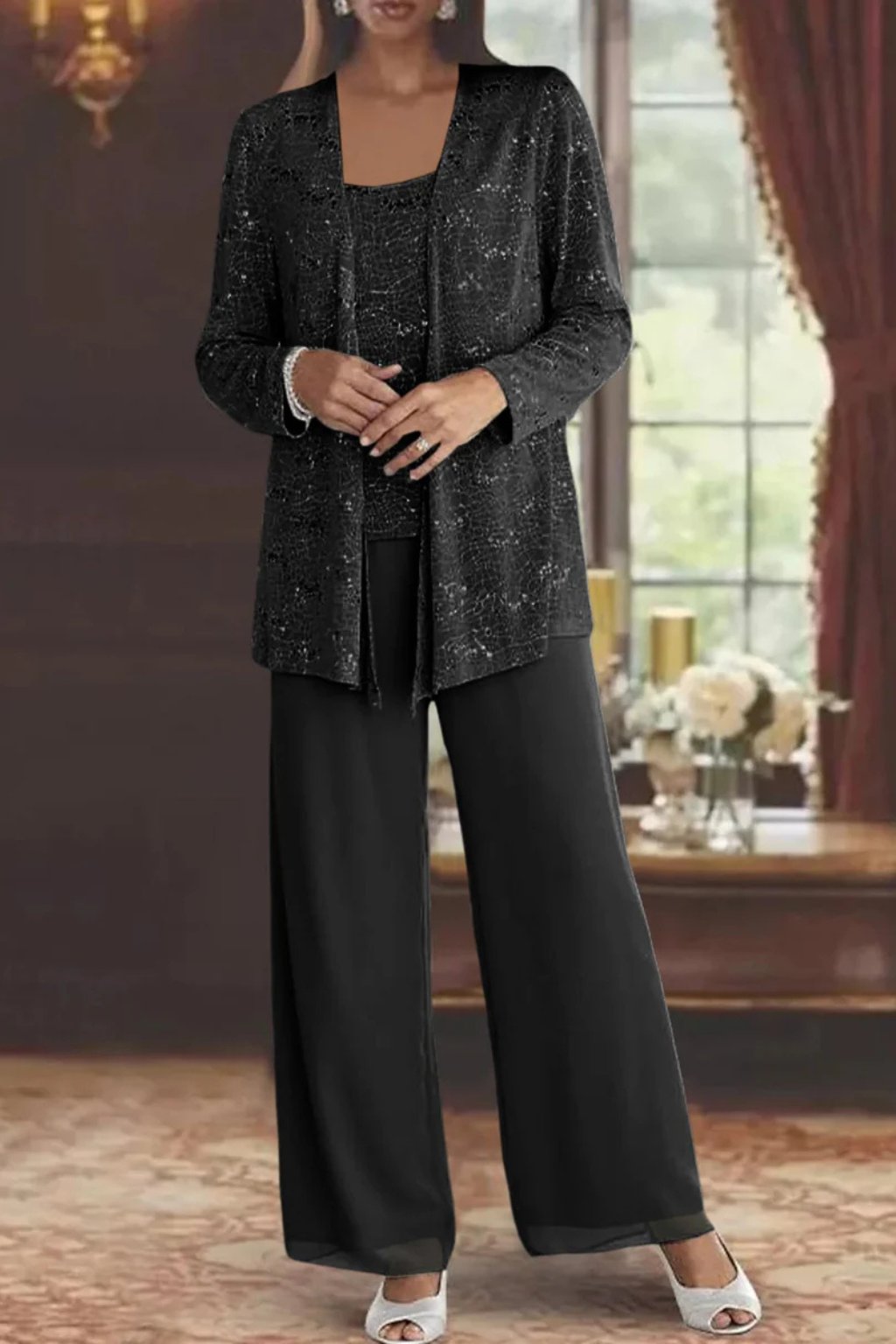 Women's Sequined Wide-Leg Three-Piece Pants Set