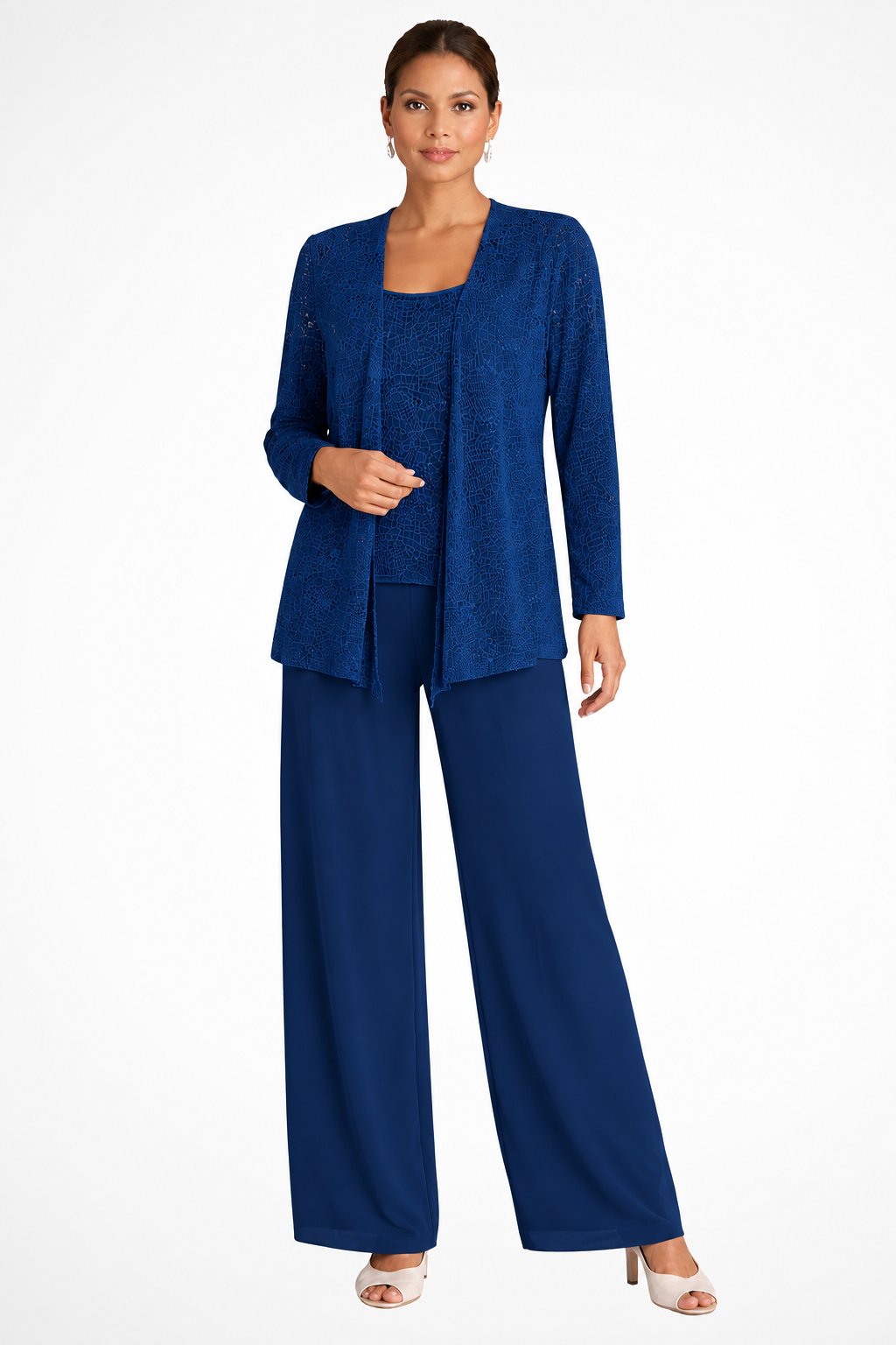 Women's Sequined Wide-Leg Three-Piece Pants Set - Navy Blue