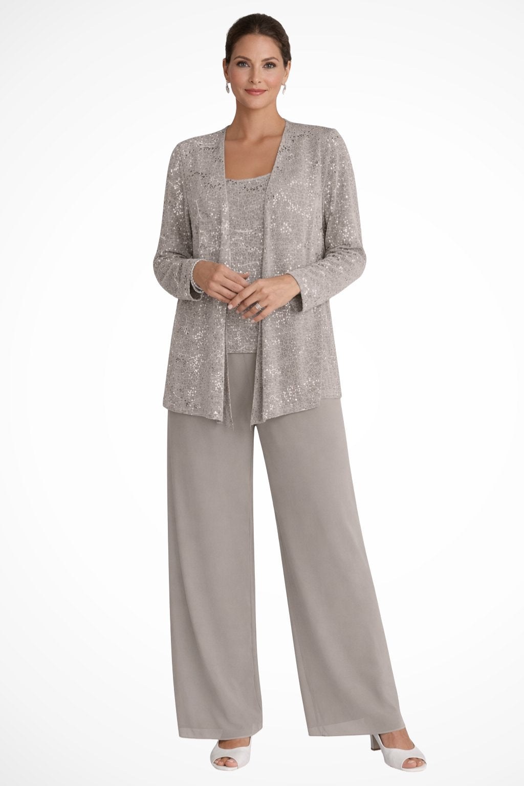 Women's Sequined Wide-Leg Three-Piece Pants Set - Beige