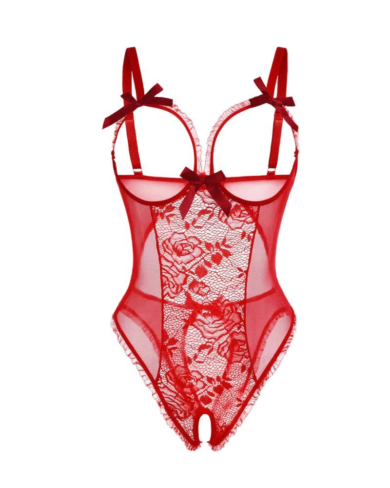 Women's Sheer Mesh Open-Back Cutout Bodysuit - Red