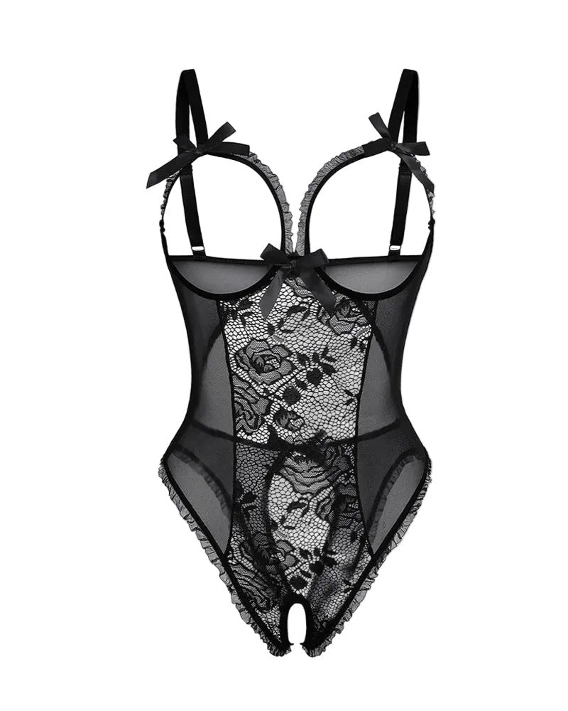 Women's Sheer Mesh Open-Back Cutout Bodysuit - Black