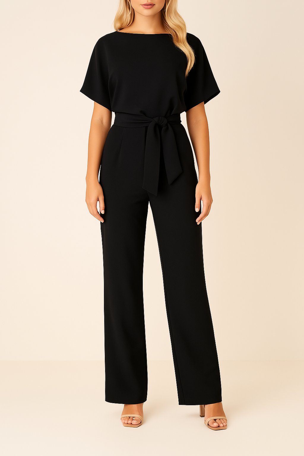Women's Short-Sleeve Belted Wide-Leg Jumpsuit - Schwarz