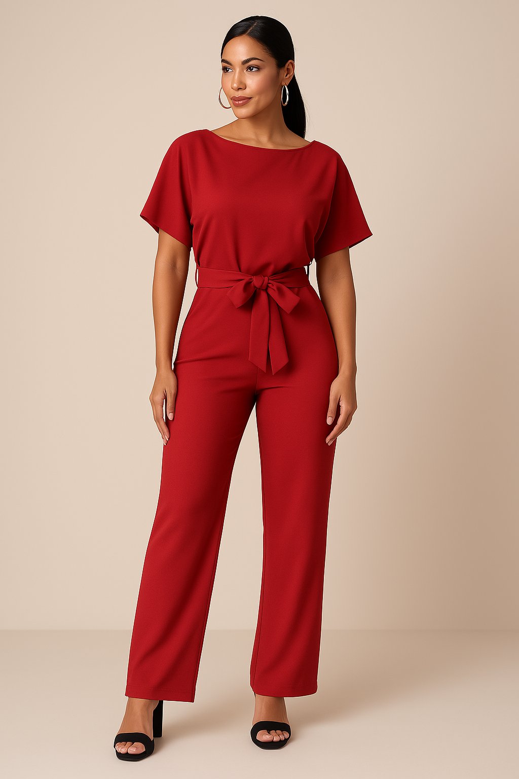 Women's Short-Sleeve Belted Wide-Leg Jumpsuit - Rot