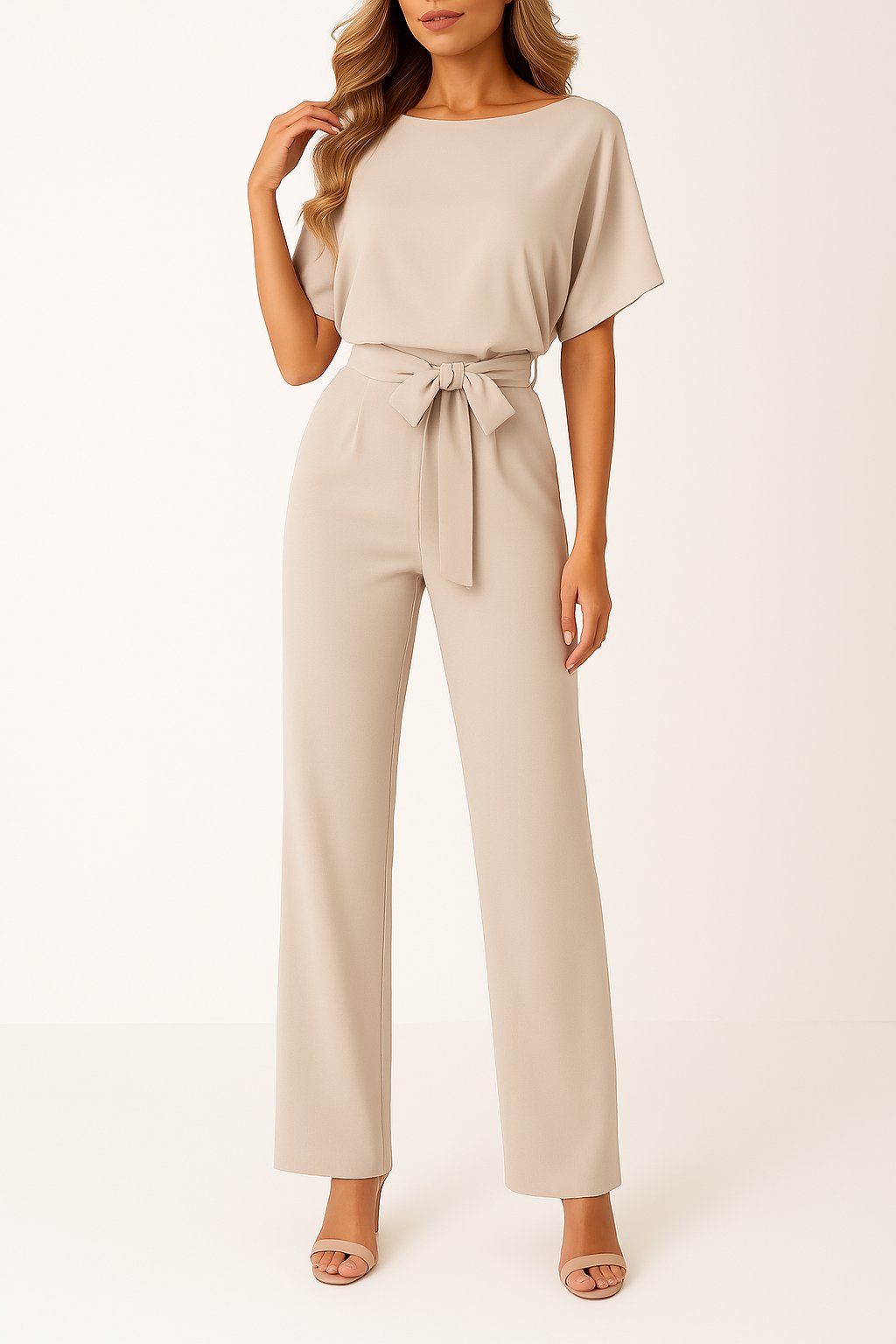 Women's Short-Sleeve Belted Wide-Leg Jumpsuit - Beige