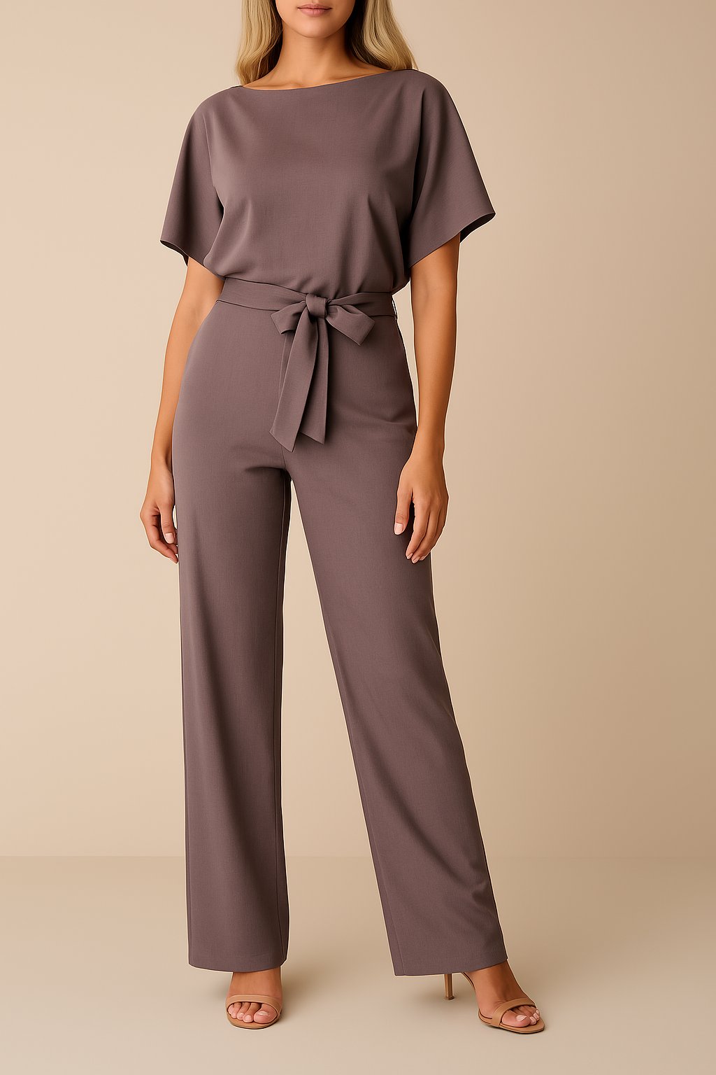 Women's Short-Sleeve Belted Wide-Leg Jumpsuit - Lila