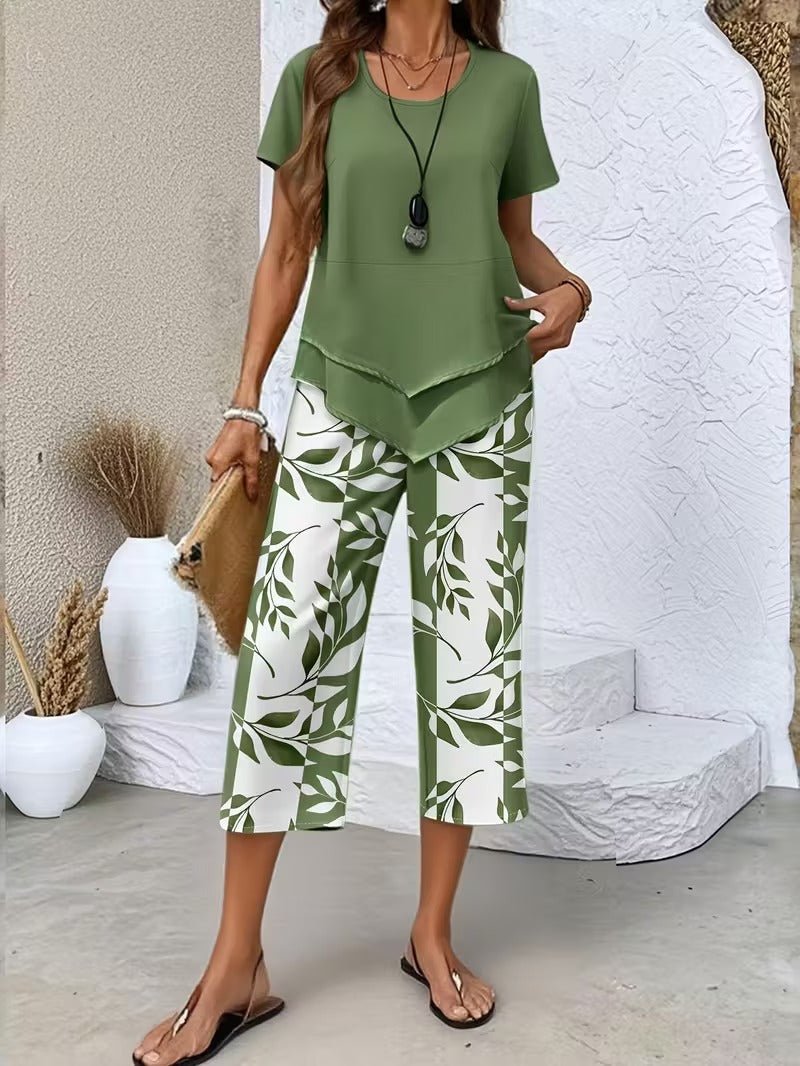 Women's Short-Sleeve Botanical Print Two-Piece Set - Green