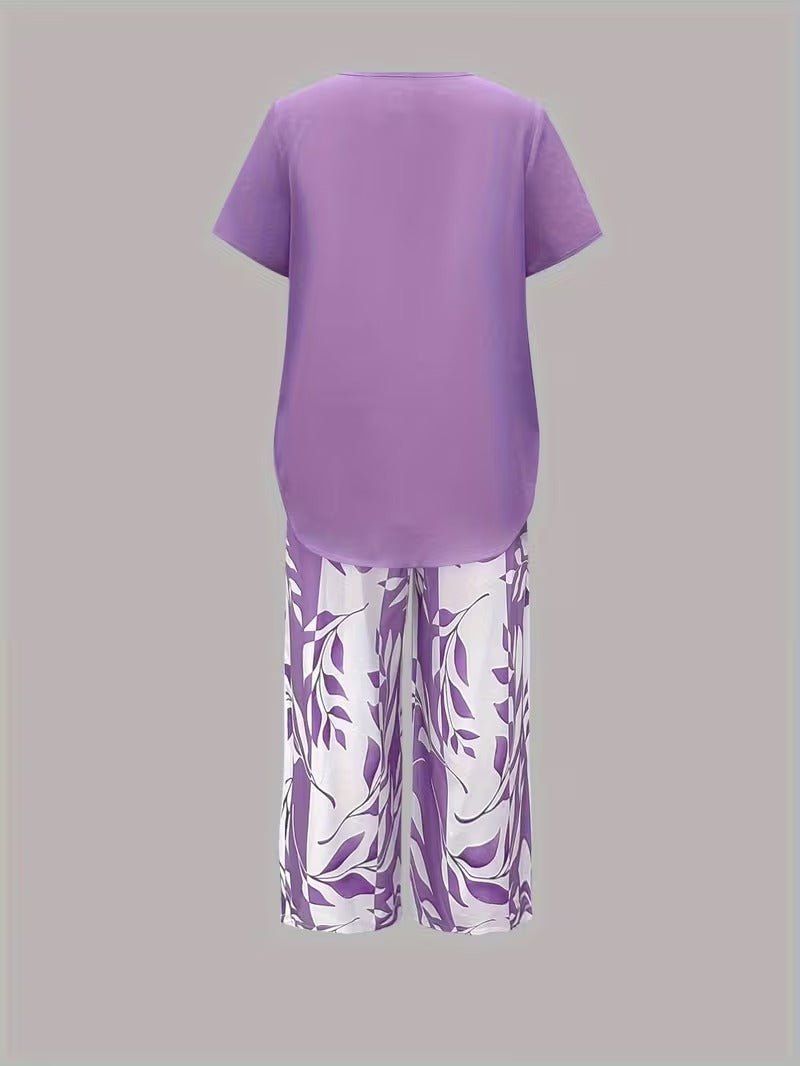 Women's Short-Sleeve Botanical Print Two-Piece Set