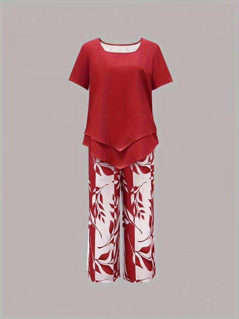 Women's Short-Sleeve Botanical Print Two-Piece Set