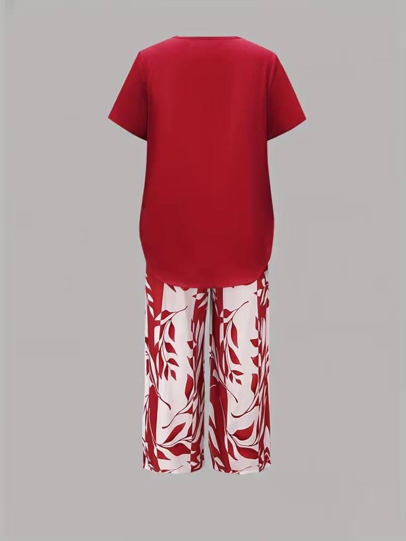 Women's Short-Sleeve Botanical Print Two-Piece Set