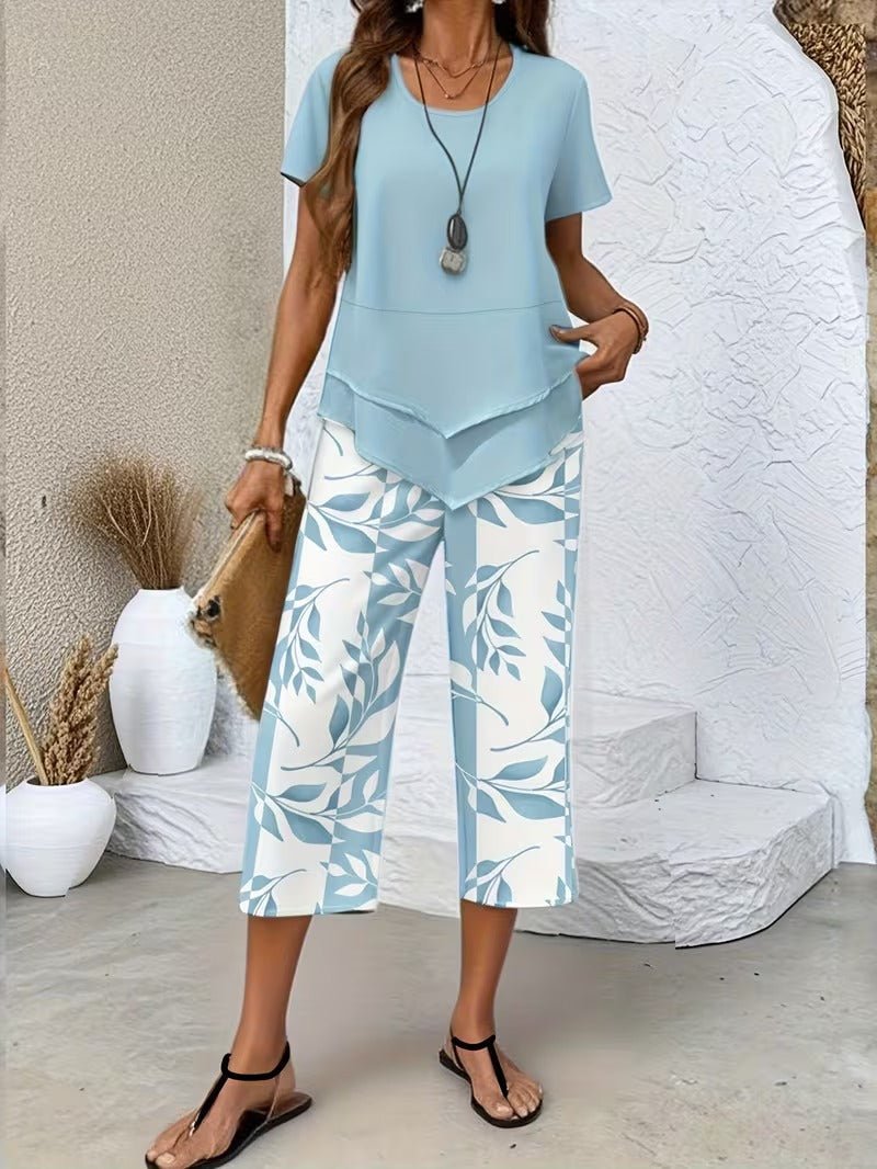 Women's Short-Sleeve Botanical Print Two-Piece Set - Light Blue