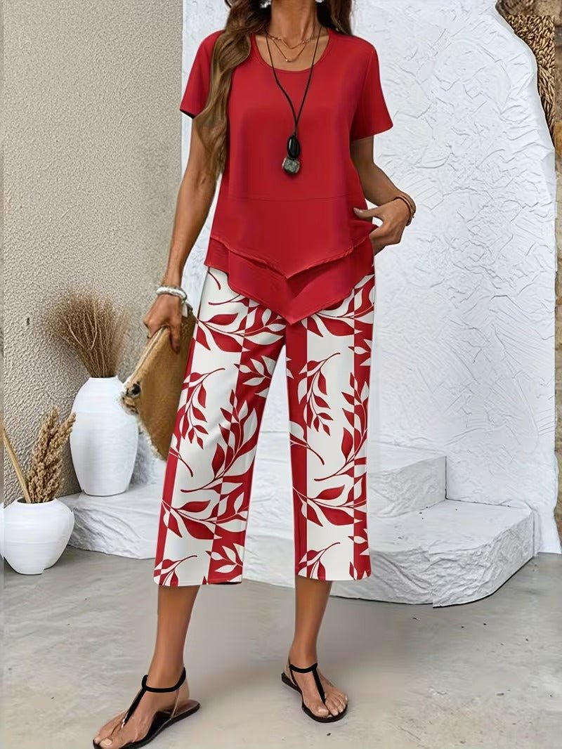 Women's Short-Sleeve Botanical Print Two-Piece Set - Red