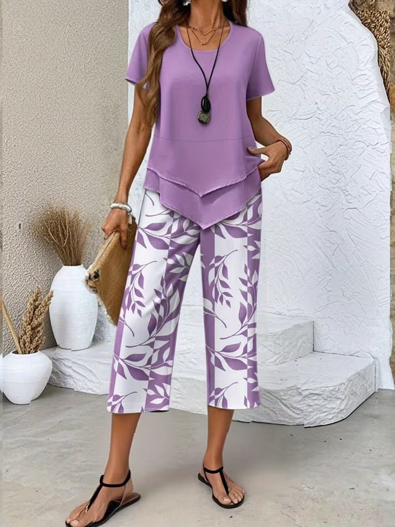 Women's Short-Sleeve Botanical Print Two-Piece Set - Purple