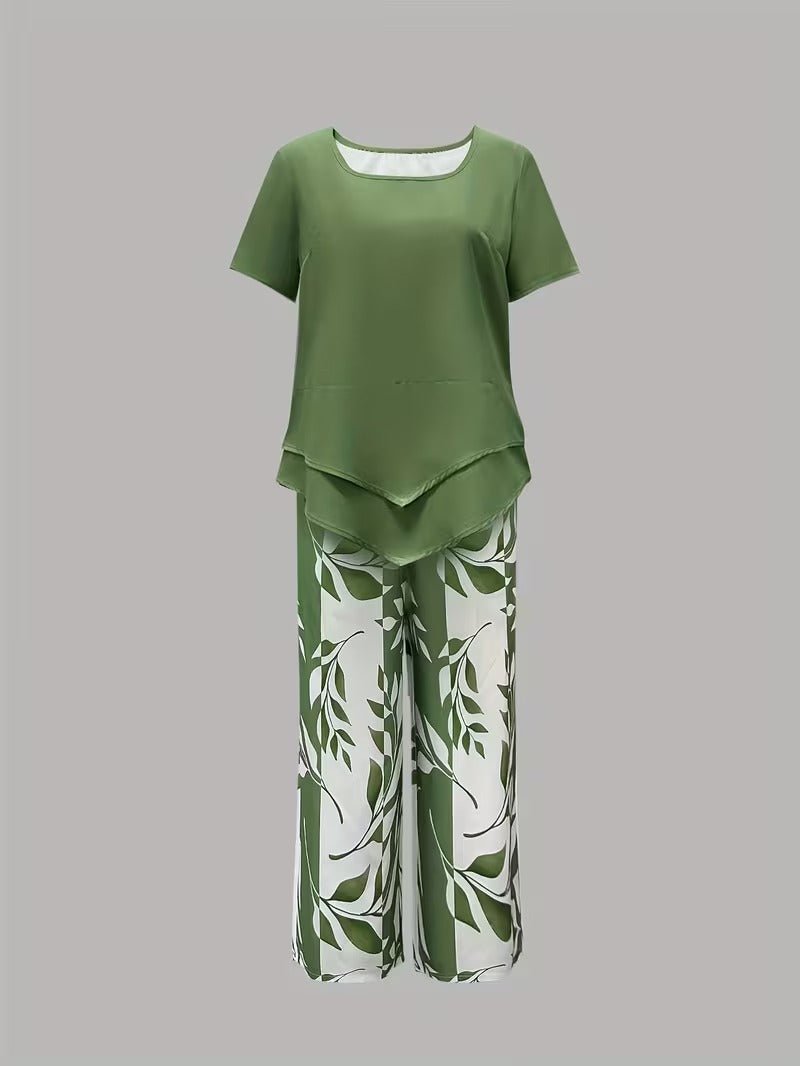 Women's Short-Sleeve Botanical Print Two-Piece Set