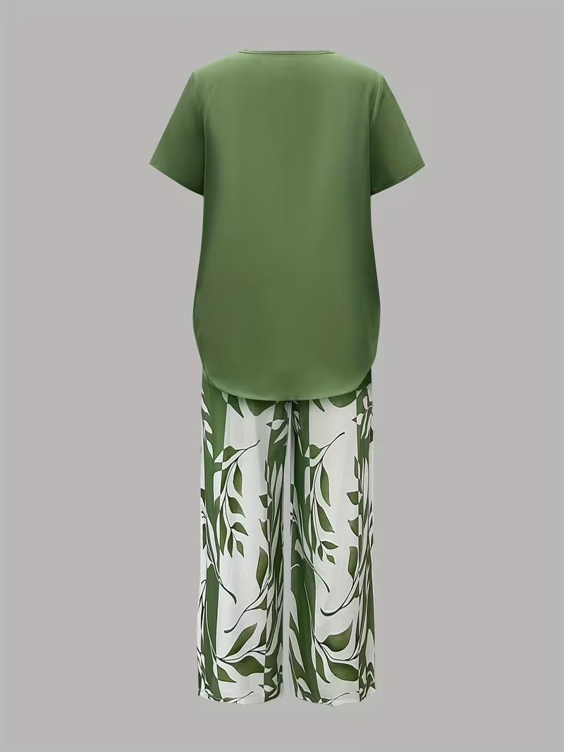 Women's Short-Sleeve Botanical Print Two-Piece Set